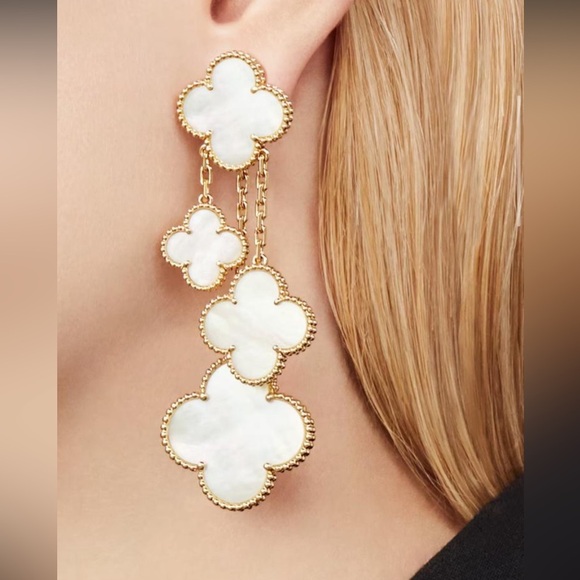 Lucky Alhambra 4-Motif Drop Earrings – Mother of Pearl with Logo - Picture 1 of 13